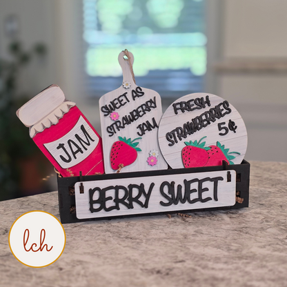 Berry Sweet Strawberry Summer Wagon Insert, Hand Painted Shelf Sitter Decor, Tiered Tray Sign (insert only)
