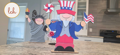 Uncle Sam & Statue of Liberty Gnome America 250 Birthday Wooden Laser Cut Hand-Painted Shelf Sitter Decor
