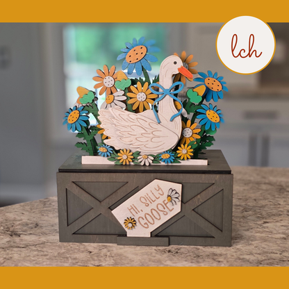 Hi Silly Goose Spring Floral Insert – Hand‑Painted Wooden Laser Cut Seasonal Trunk & Crate Piece