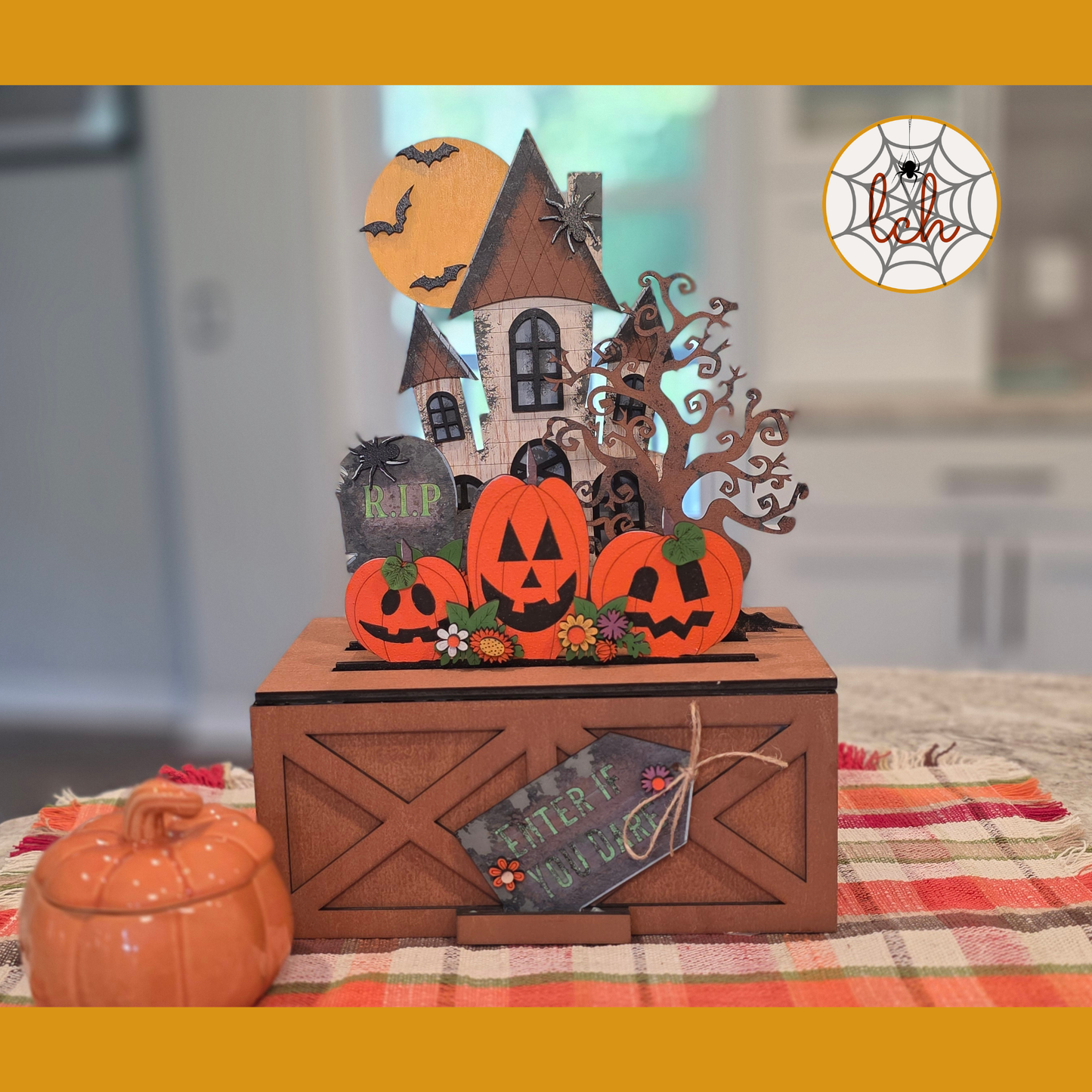 Halloween Haunted House Crate Insert | Interchangeable Enter If You Dare Wood Sign for Farmhouse Crate & Trunk | Hand Painted Laser Cut