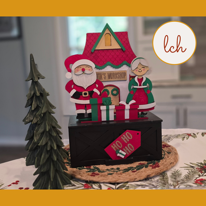Mr & Mrs Claus Santa House Insert, Interchangeable Trunk & Farmhouse Crate Sign, Hand-Painted Laser Cut Wood Christmas Holiday Decor