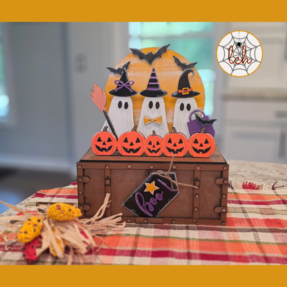 Halloween Boo! Ghost Witch Wood Insert, Hand-Painted Laser Cut Decor for Interchangeable Farmhouse Crate & Trunk Base