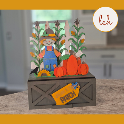 Welcome to Our Patch Scarecrow Insert | Fall Seasonal Wooden Laser Cut Hand‑Painted for Crate & Trunk Bases