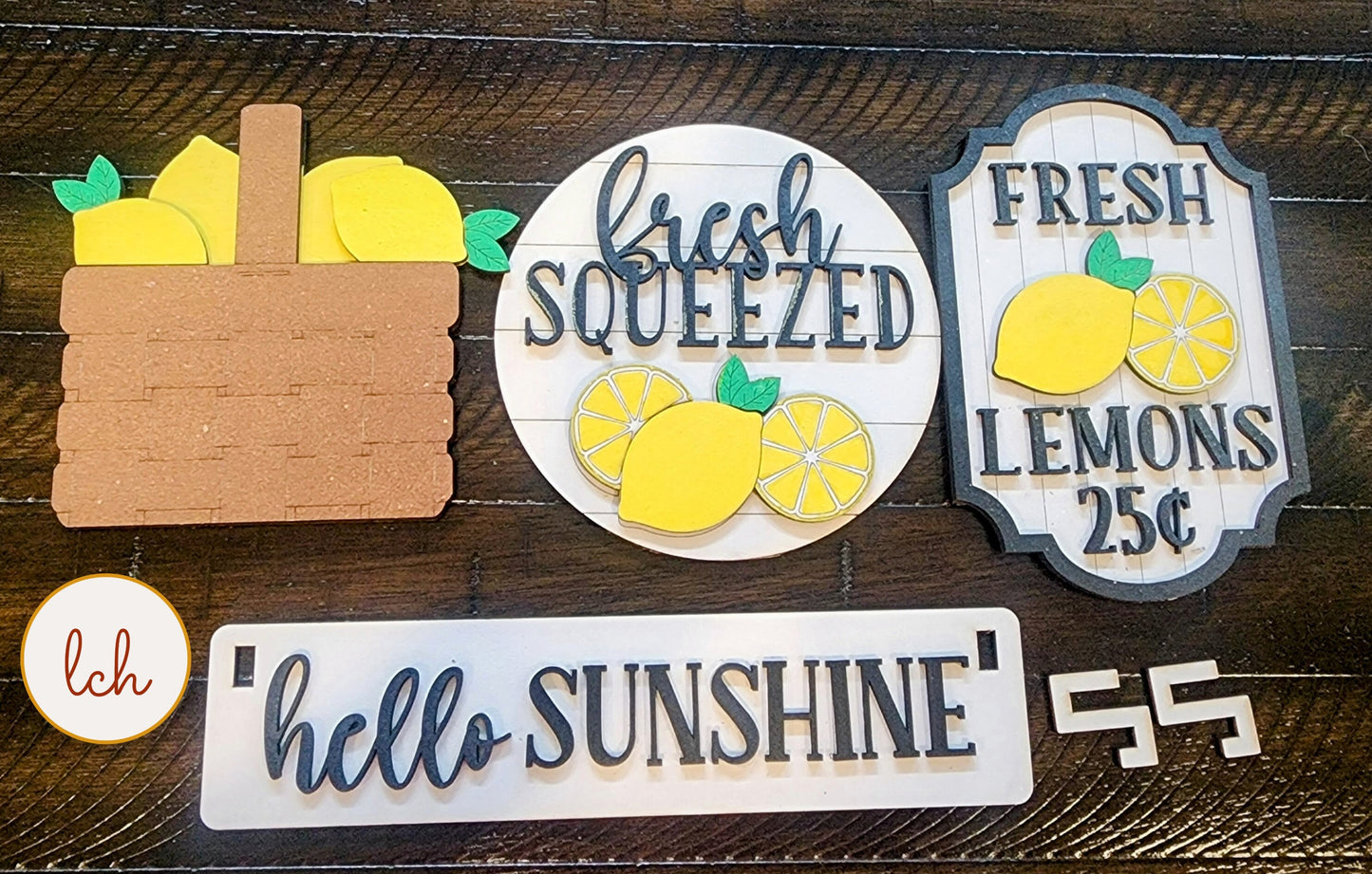 Hand-Painted Summer-Themed Wooden Insert: Laser-Cut 'Hello Sunshine' & 'Fresh Squeezed' Shelf Sitter