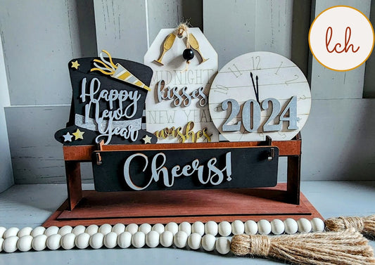 Wooden Laser Cut Hand-Painted New Year's Interchangeable Shelf Sitter Insert Set - Midnight Kisses, Cheers, and More! (Insert Only)