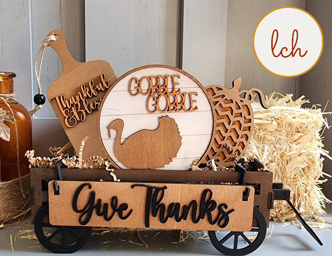 Hand painted Thanksgiving wooden decor set with Give Thanks sign turkey and pumpkin in rustic wagon