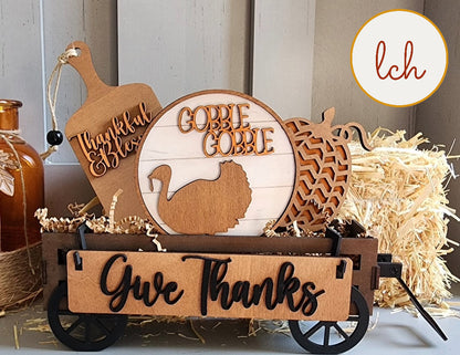 Hand painted Thanksgiving wooden decor set with Give Thanks sign turkey and pumpkin in rustic wagon