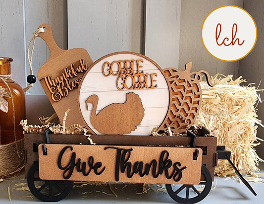 Hand painted Thanksgiving wooden decor set with Give Thanks sign turkey and pumpkin in rustic wagon