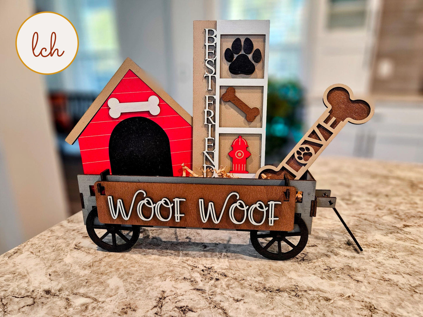 Customizable Woof Woof Dog Themed Wooden Laser Cut Hand Painted Interchangeable Shelf Sitter Insert - Inserts Only