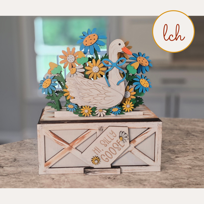 Hi Silly Goose Spring Floral Insert – Hand‑Painted Wooden Laser Cut Seasonal Trunk & Crate Piece