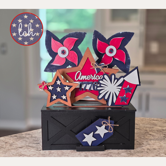 Red White & Blue America 1776 Insert | Wooden Laser‑Cut Hand‑Painted Trunk & Farmhouse Crate Decor