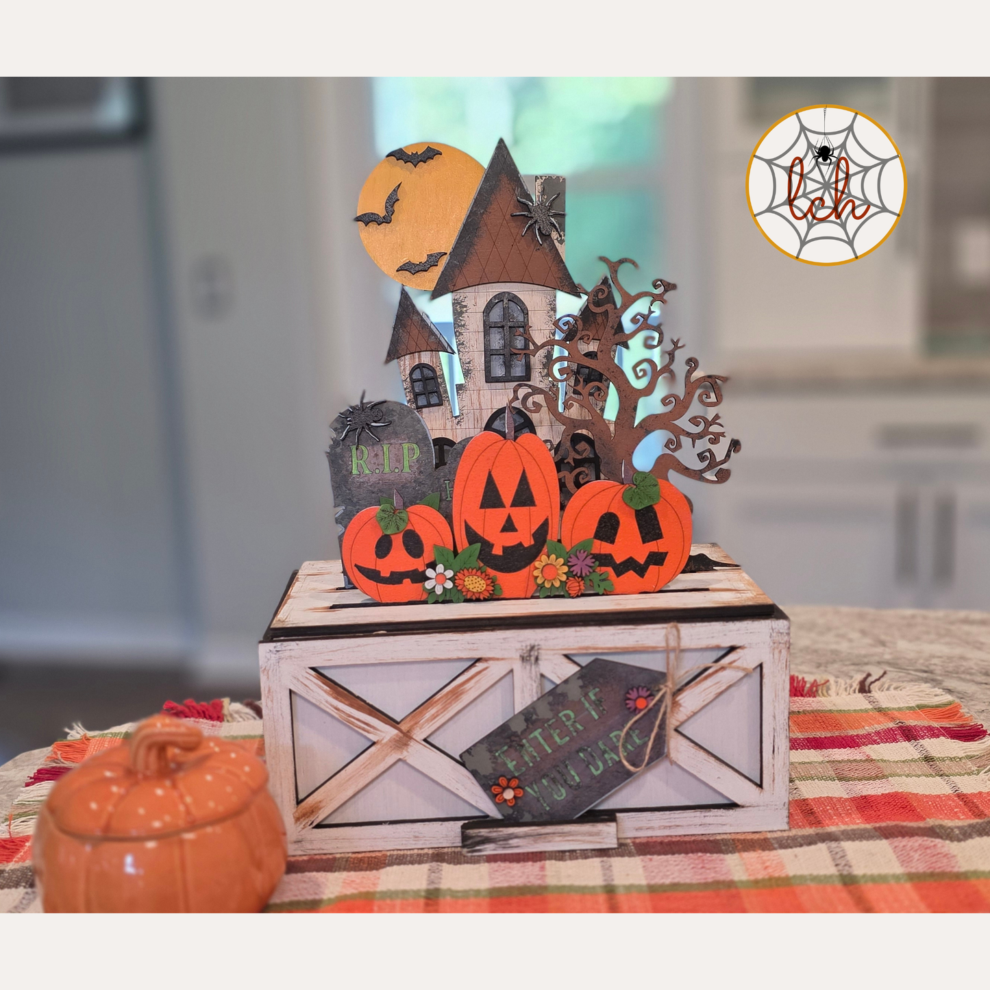 Halloween Haunted House Crate Insert | Interchangeable Enter If You Dare Wood Sign for Farmhouse Crate & Trunk | Hand Painted Laser Cut
