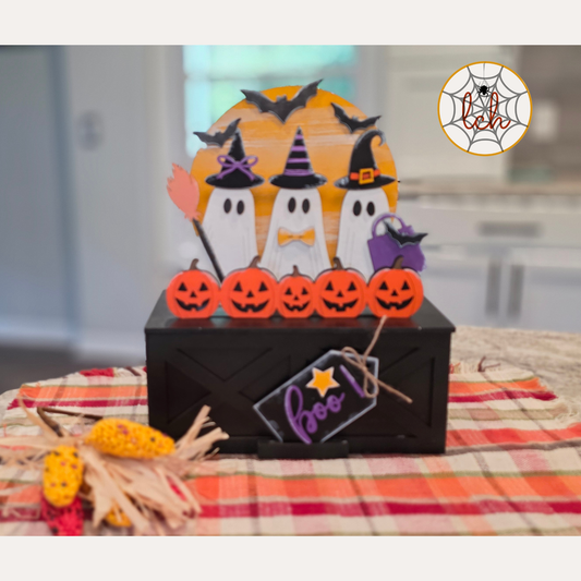 Halloween Boo! Ghost Witch Wood Insert, Hand-Painted Laser Cut Decor for Interchangeable Farmhouse Crate & Trunk Base