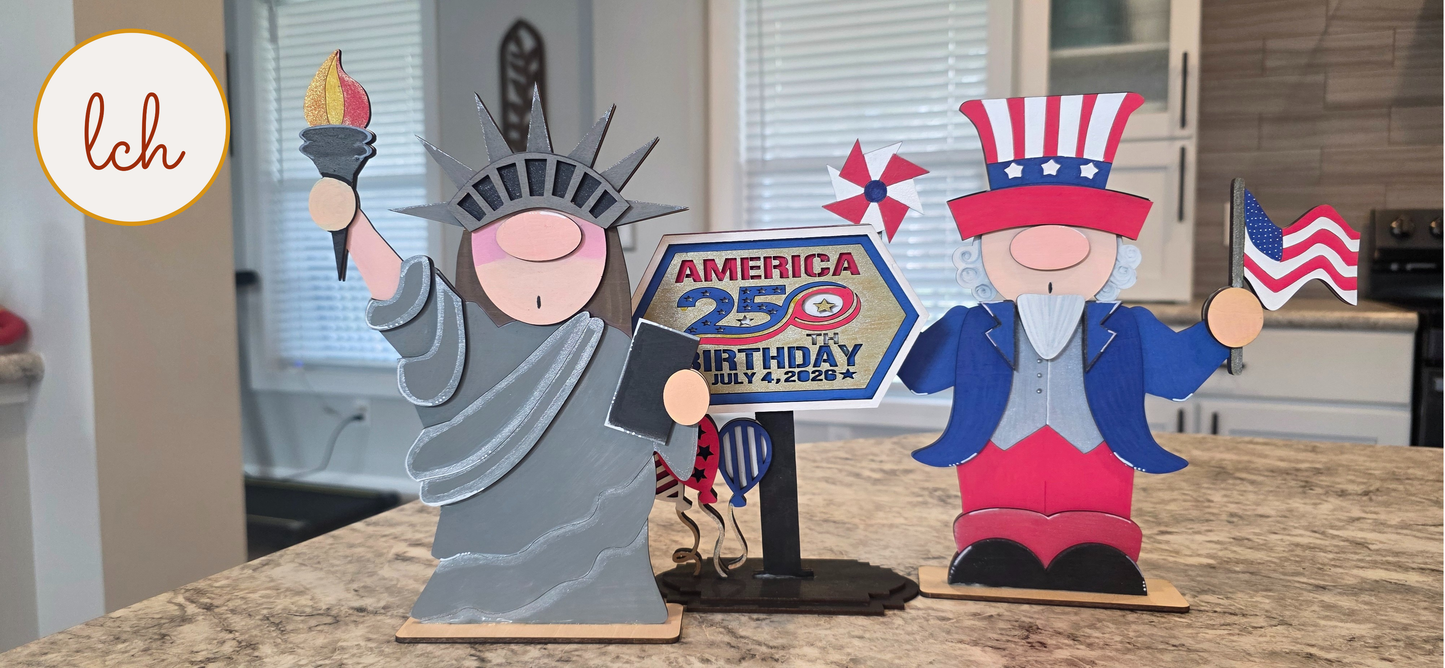 Uncle Sam & Statue of Liberty Gnome America 250 Birthday Wooden Laser Cut Hand-Painted Shelf Sitter Decor