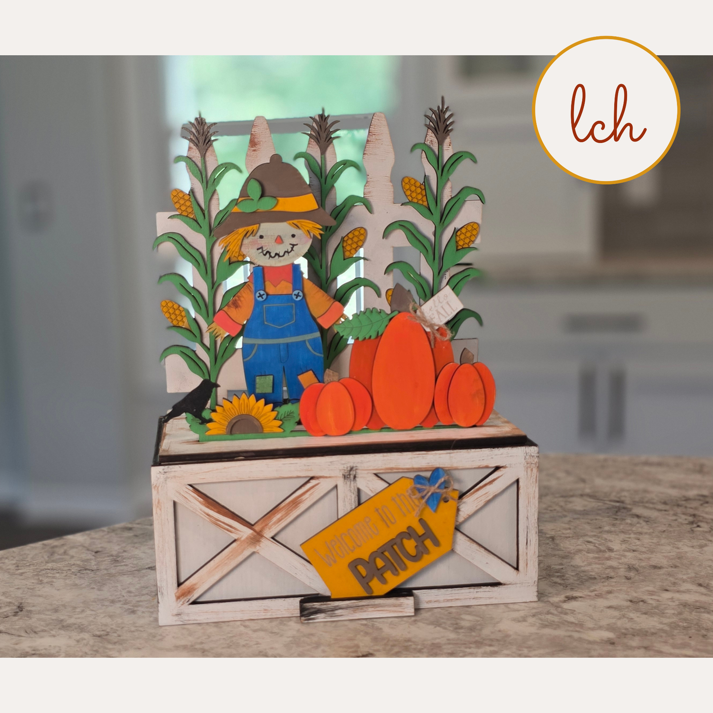 Welcome to Our Patch Scarecrow Insert | Fall Seasonal Wooden Laser Cut Hand‑Painted for Crate & Trunk Bases