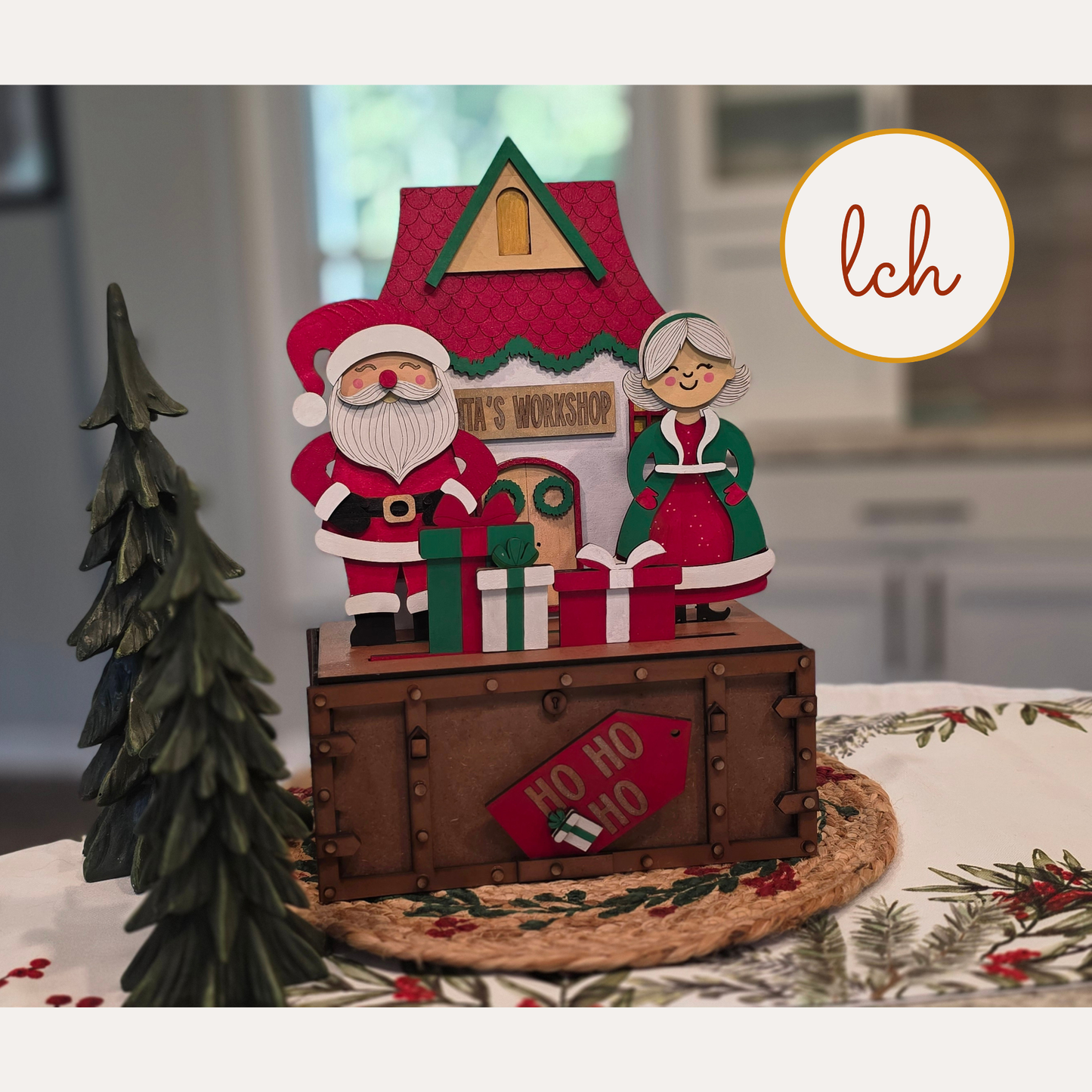Mr & Mrs Claus Santa House Insert, Interchangeable Trunk & Farmhouse Crate Sign, Hand-Painted Laser Cut Wood Christmas Holiday Decor