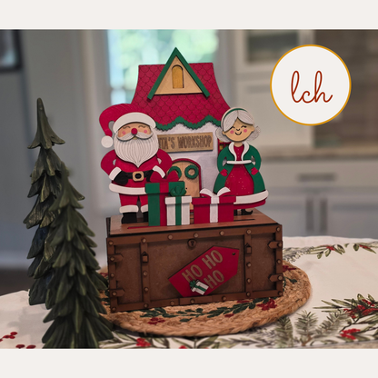 Mr & Mrs Claus Santa House Insert, Interchangeable Trunk & Farmhouse Crate Sign, Hand-Painted Laser Cut Wood Christmas Holiday Decor