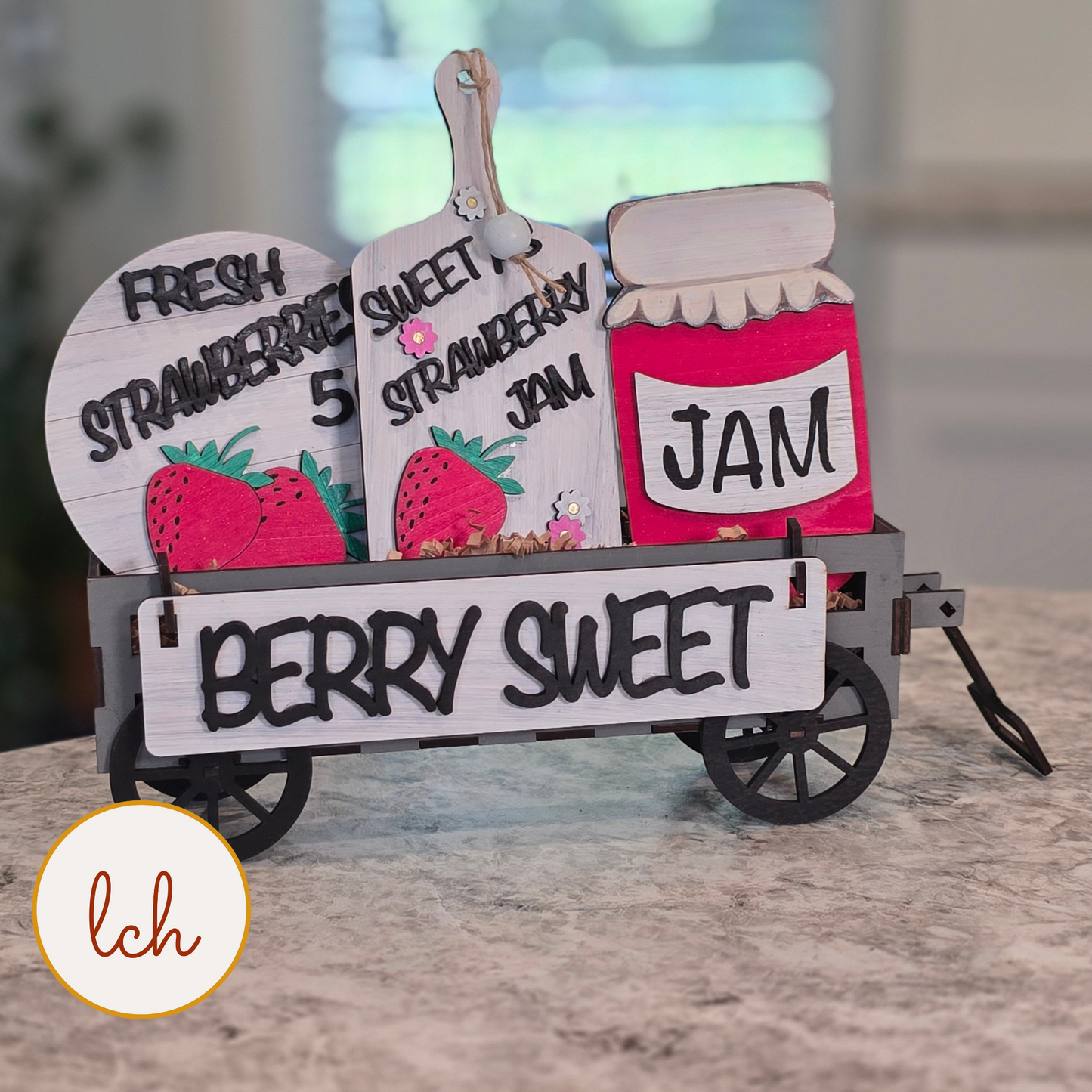 Berry Sweet Strawberry Summer Wagon Insert, Hand Painted Shelf Sitter Decor, Tiered Tray Sign (insert only)
