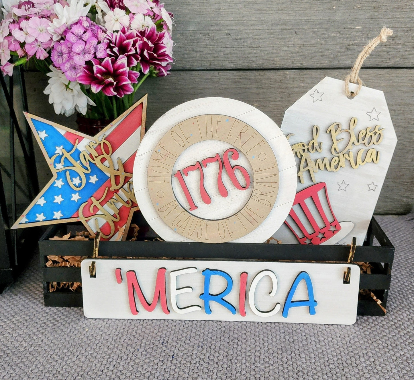 USA themed handmade wood insert patriotic decorations with red white and blue colors