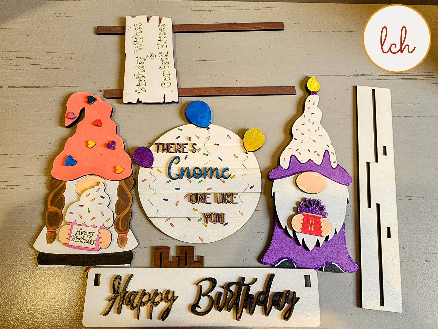 Whimsical Wooden Gnome Birthday Shelf Sitter Inserts - Hand-Painted & Laser-Cut Decor for Interchangeable Displays (Inserts Only)!