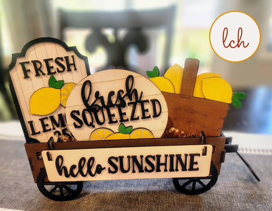 Hand-Painted Summer-Themed Wooden Insert: Laser-Cut 'Hello Sunshine' & 'Fresh Squeezed' Shelf Sitter