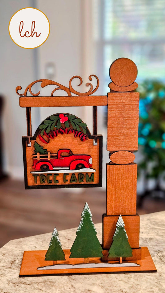 Tree Farm Red Truck Christmas Wooden Laser Cut Hand Painted Mini Signpost Door Insert (Insert Only)