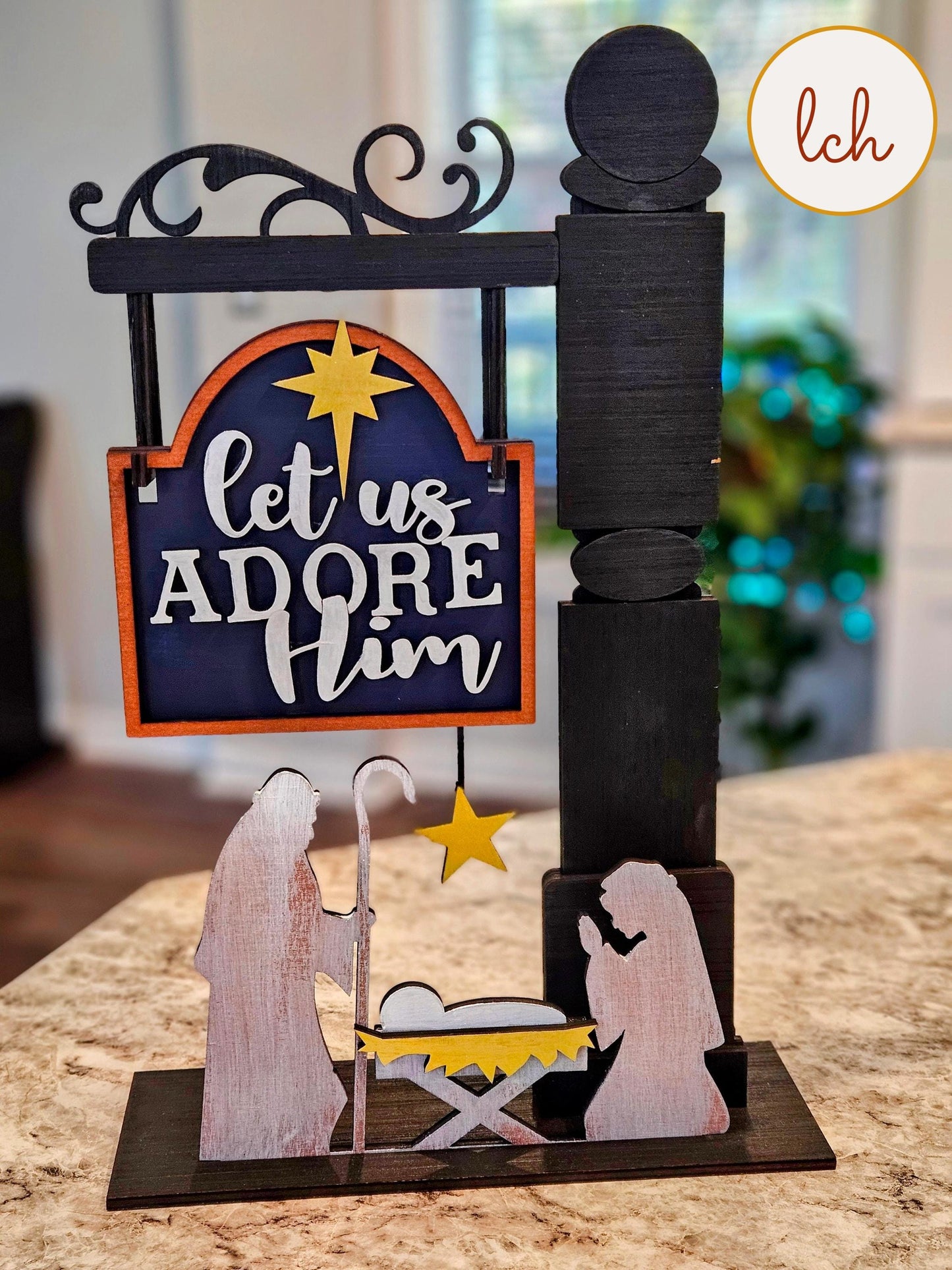 Let Us Adore Him Christmas Manger Wooden Laser Cut Hand Painted Mini Signpost Door Insert (Insert Only)