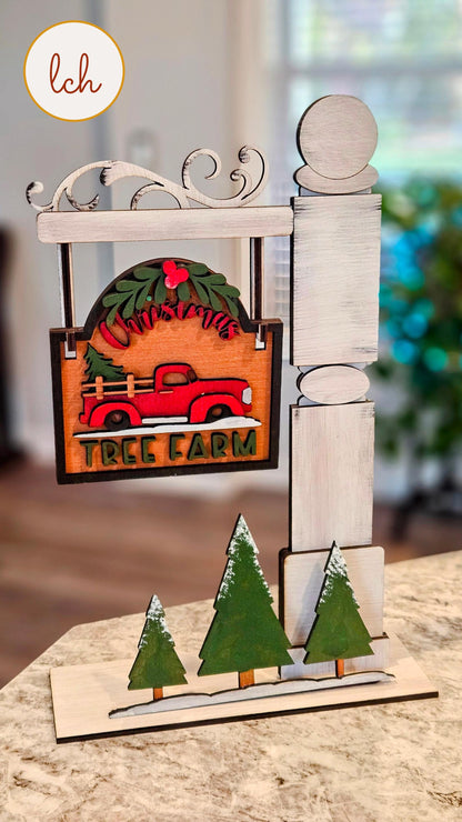 Tree Farm Red Truck Christmas Wooden Laser Cut Hand Painted Mini Signpost Door Insert (Insert Only)