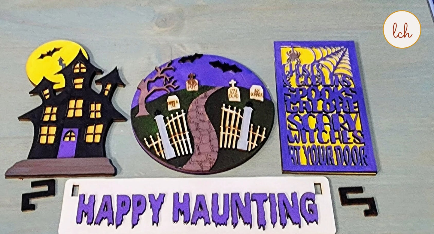 Happy Haunting Halloween Wooden Laser Cut Hand Painted Interchangeable Shelf Sitter Insert - Spooky Decor (Insert Only)