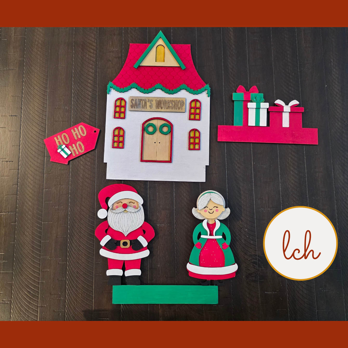 Mr & Mrs Claus Santa House Insert, Interchangeable Trunk & Farmhouse Crate Sign, Hand-Painted Laser Cut Wood Christmas Holiday Decor
