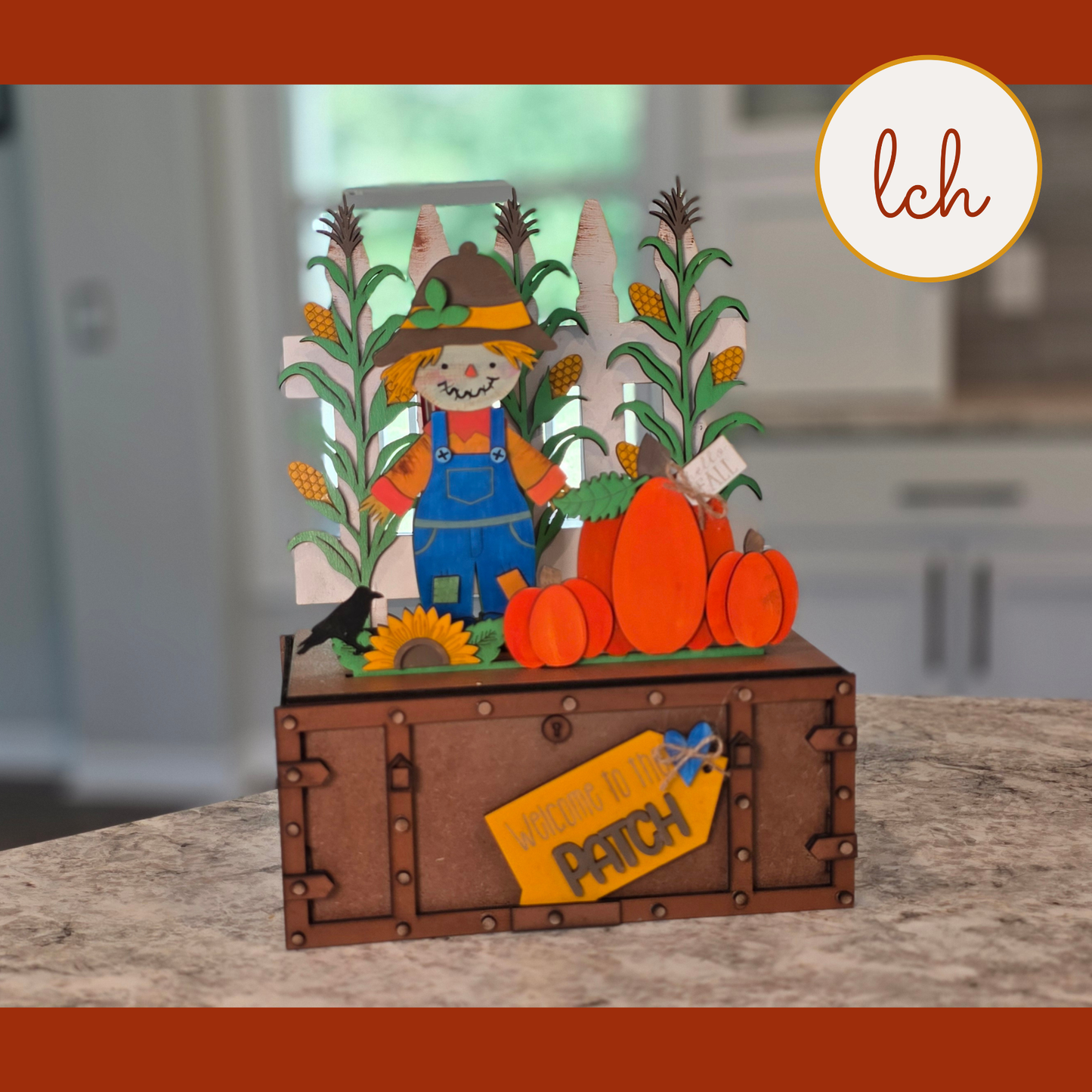 Welcome to Our Patch Scarecrow Insert | Fall Seasonal Wooden Laser Cut Hand‑Painted for Crate & Trunk Bases