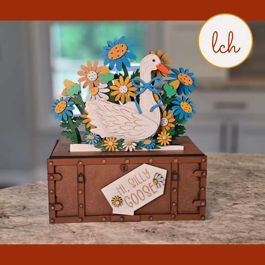 Hi Silly Goose Spring Floral Insert – Hand‑Painted Wooden Laser Cut Seasonal Trunk & Crate Piece