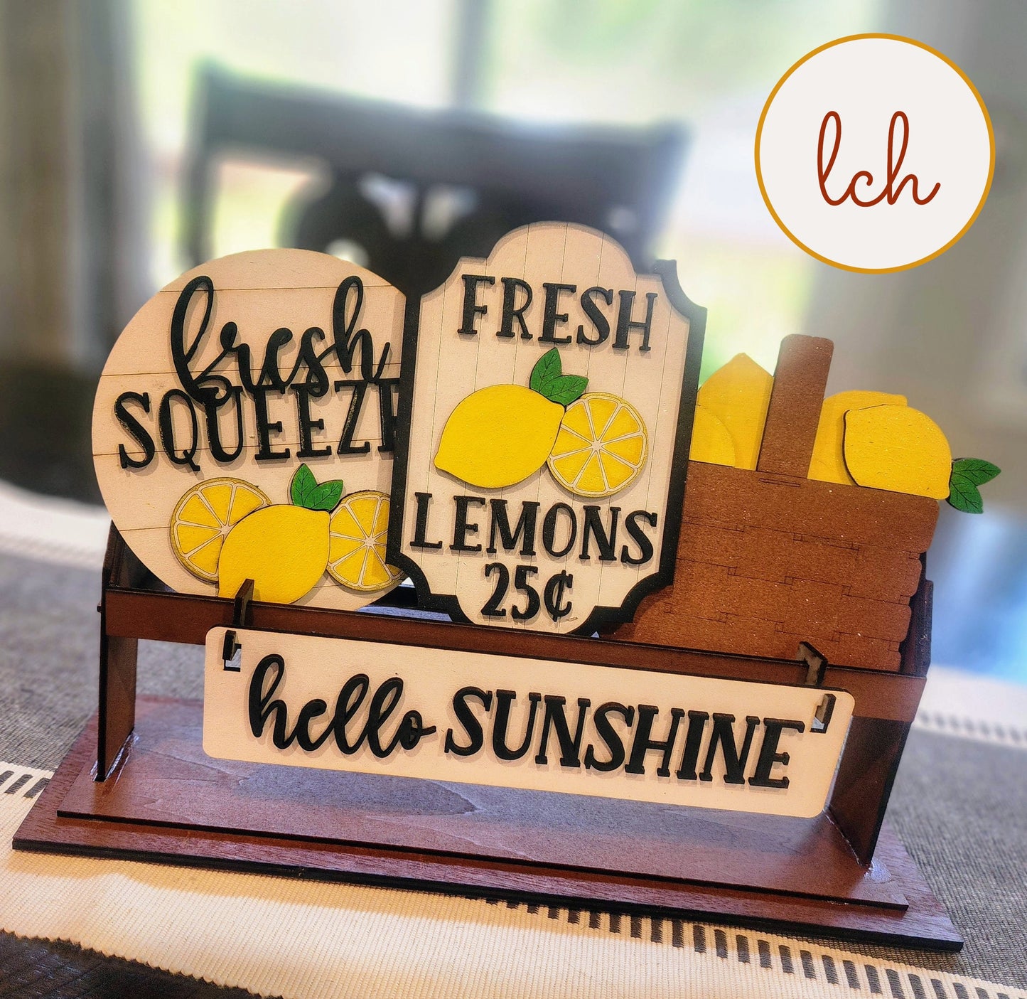 Hand-Painted Summer-Themed Wooden Insert: Laser-Cut 'Hello Sunshine' & 'Fresh Squeezed' Shelf Sitter