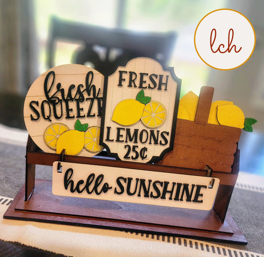 Hand-Painted Summer-Themed Wooden Insert: Laser-Cut 'Hello Sunshine' & 'Fresh Squeezed' Shelf Sitter