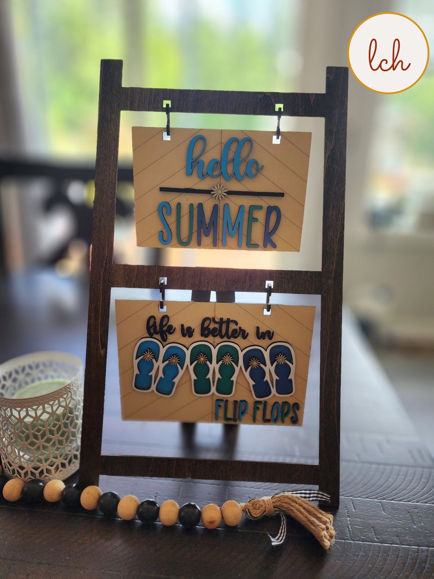 Life is Better in Flip Flops - Hello Summer Wooden Laser Cut Hand Painted Ladder Picture Frame Hanger - (Hanger Only)