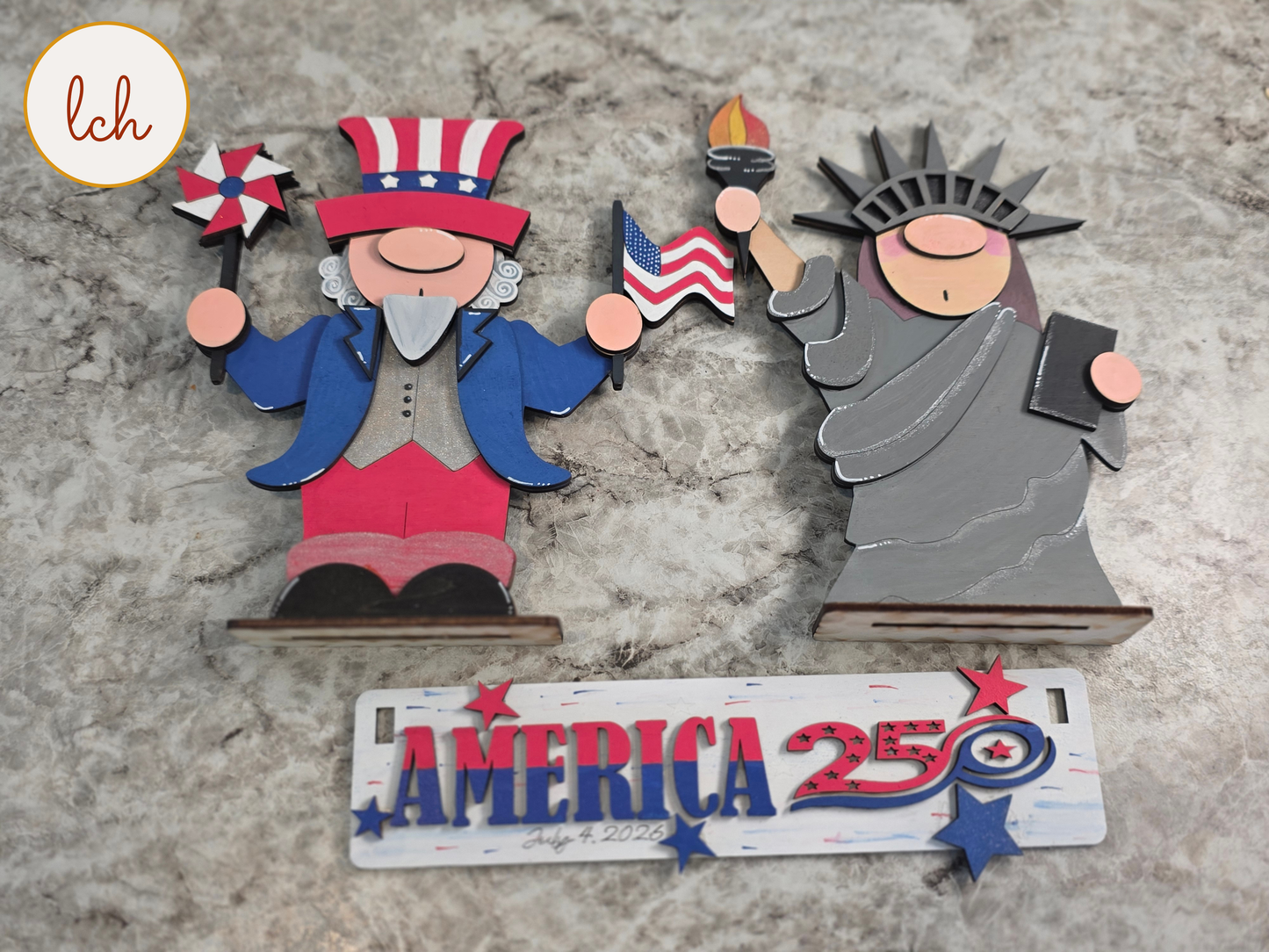 Uncle Sam & Statue of Liberty Gnome Insert for Wooden Wagon & Raised Shelf Sitter • America 250th Birthday Decor (insert only)