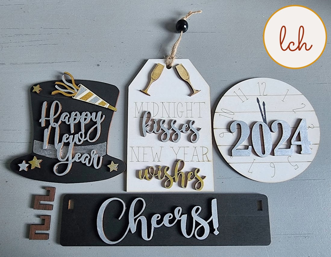 Wooden Laser Cut Hand-Painted New Year's Interchangeable Shelf Sitter Insert Set - Midnight Kisses, Cheers, and More! (Insert Only)