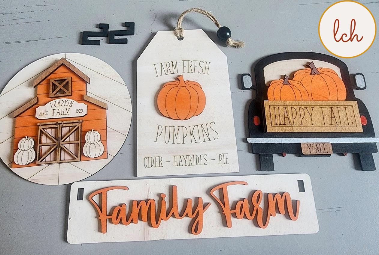Family Pumpkin Farms Fall Themed Wooden Laser Cut, Hand Painted Wagon & Raised Shelf Sitter Seasonal Insert (insert only)