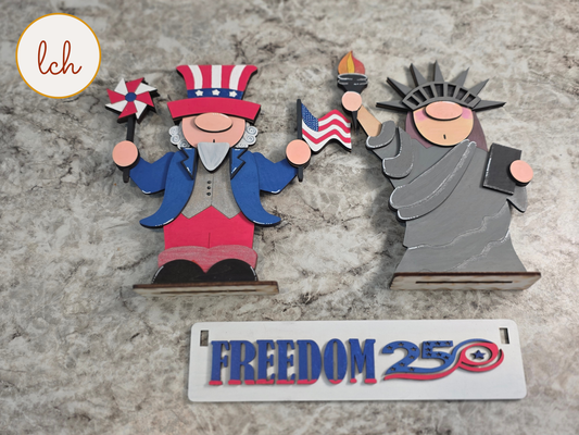 Uncle Sam & Statue of Liberty Gnome Insert for Wooden Wagon & Raised Shelf Sitter • America 250th Birthday Decor (insert only)