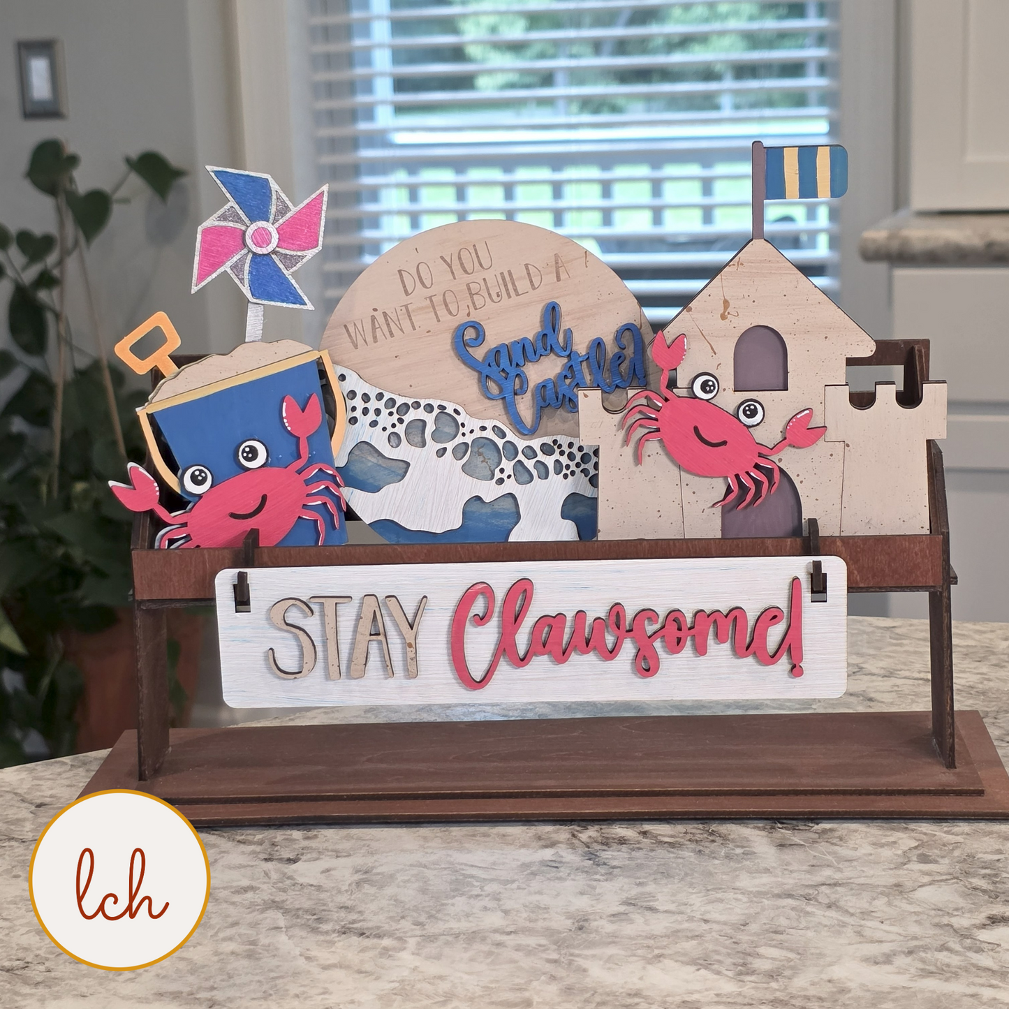 Crab Wagon Insert, "Stay Clawsome!" Hand Painted Sign, Beach Shelf Sitter Decor, Summer Tiered Tray (insert only)