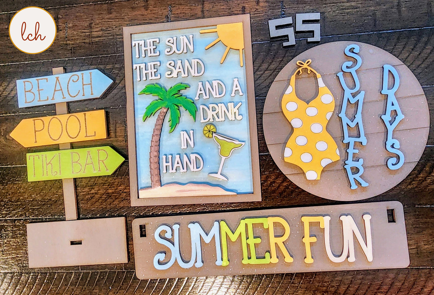 Summer Fun Beach-Themed Hand-Painted Wooden Laser-Cut Interchangeable Shelf Sitter Insert