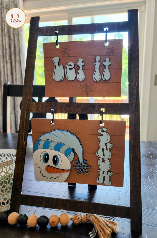 Snowman ‘Let It Snow’ Winter Hanger - Hand Painted, Wooden Laser Cut Ladder Picture Frame (Hanger Only)