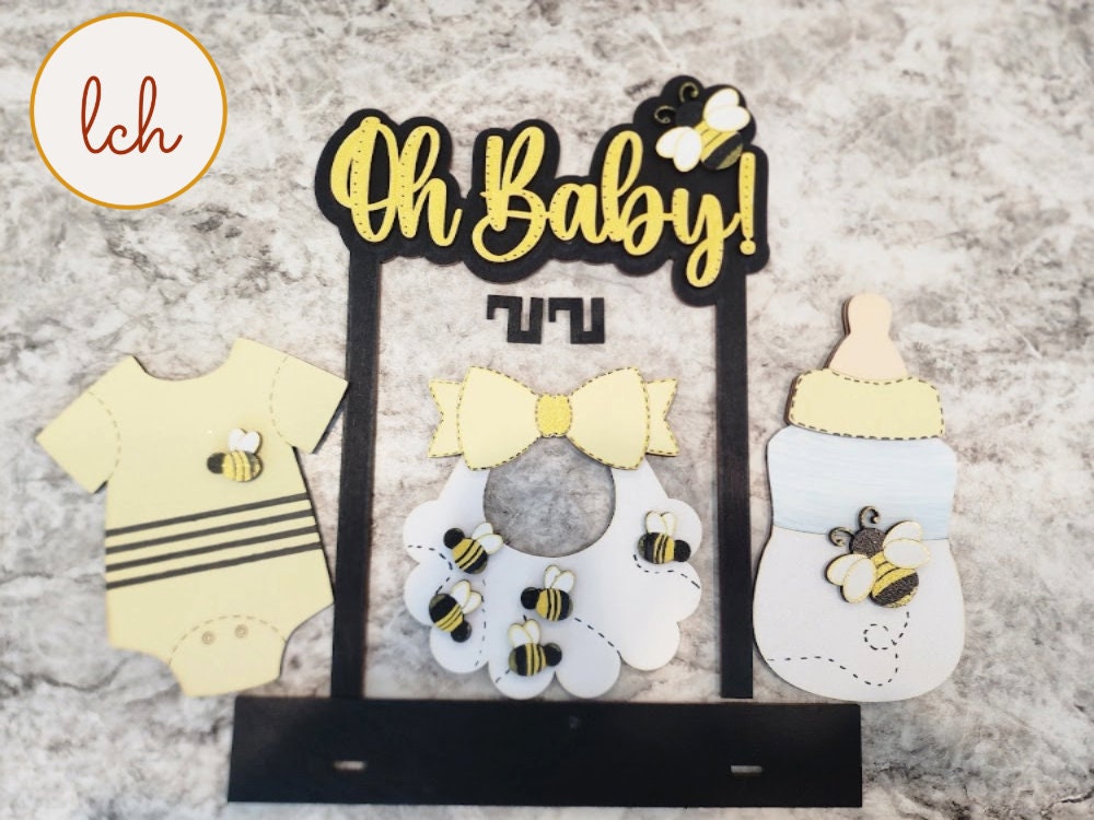 Oh' Baby - Hand-painted Bee-Themed New Baby Interchangeable Shelf Sitter Inserts - Wooden Laser Cut Decor for Nursery - (Inserts Only)