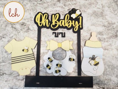 Oh' Baby - Hand-painted Bee-Themed New Baby Interchangeable Shelf Sitter Inserts - Wooden Laser Cut Decor for Nursery - (Inserts Only)