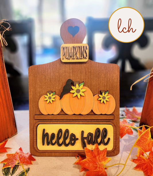 Hand-Painted Hello Fall Pumpkin, Wooden Laser-Cut Interchangeable Breadboard Insert - Insert Only