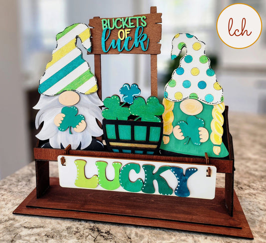 Hand-painted Lucky Clovers St. Patrick's Day Wooden Interchangeable Shelf Sitter Inserts - Laser-cut, Perfect for Festive Home Decor!