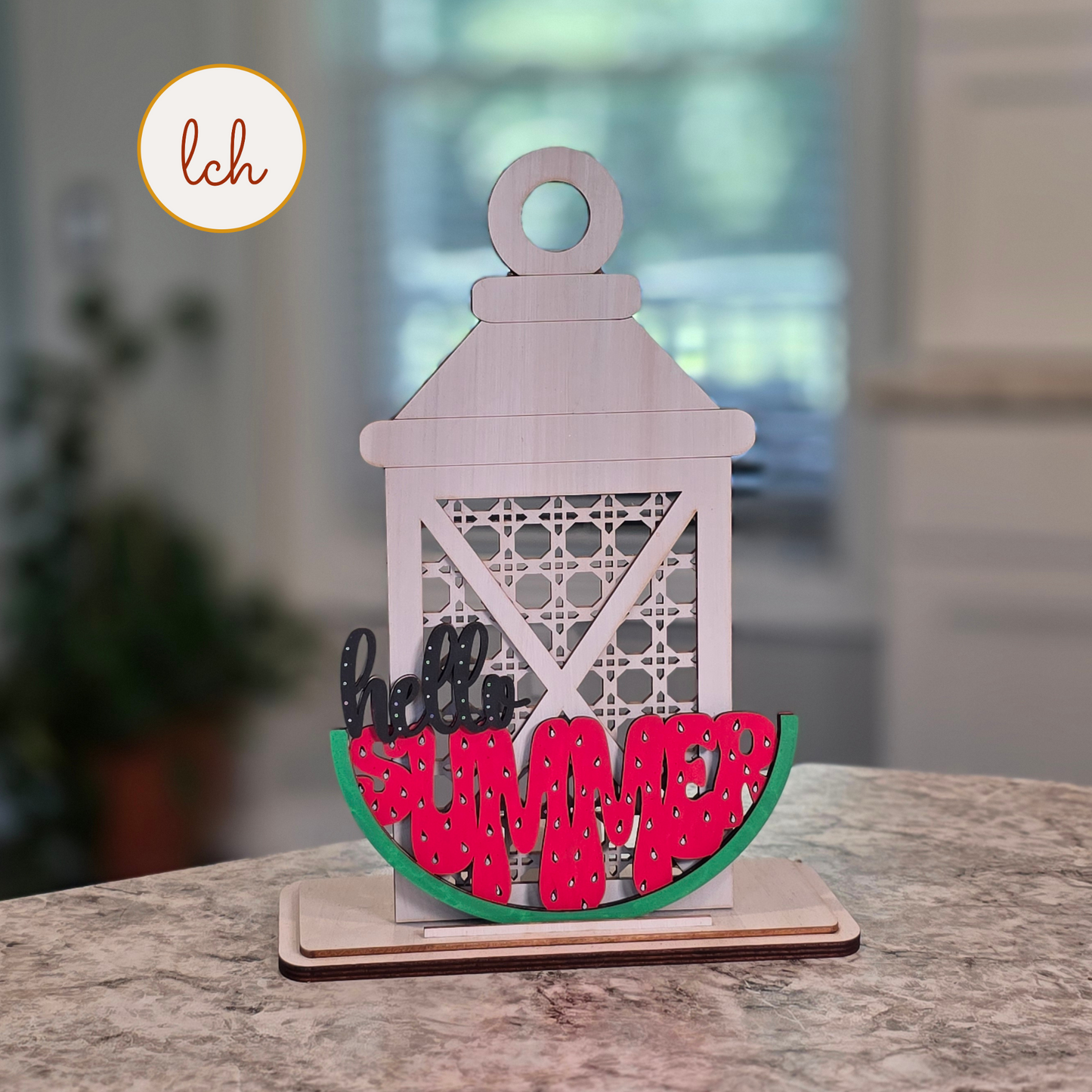 Hello Summer Watermelon Lantern Insert - Laser Cut, Hand Painted Wood - Shelf Sitter Decor (insert only)