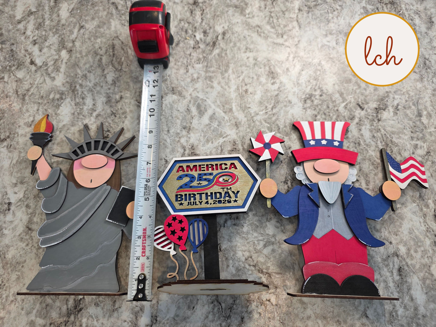 Uncle Sam & Statue of Liberty Gnome America 250 Birthday Wooden Laser Cut Hand-Painted Shelf Sitter Decor