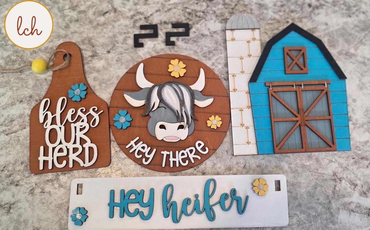 Hey Heifer Hey Highland Cow Insert – Wooden, Laser Cut, Hand-Painted – Fits Interchangeable Shelf Sitters – Insert Only