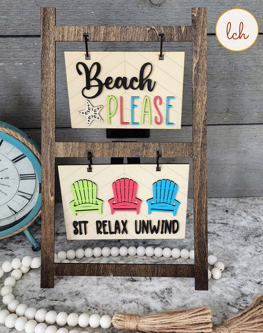 Wooden beach themed picture frame with colorful beach chair designs and beach please text